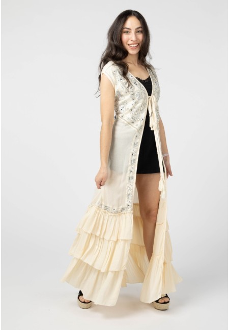 Kimono largo bordado con pedrería color crema | Bluwer