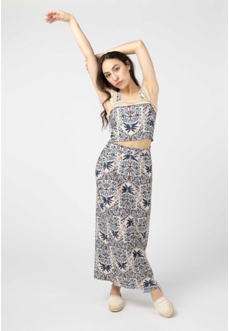 Conjunto boho top y falda estampado étnico - azul| Bluwer