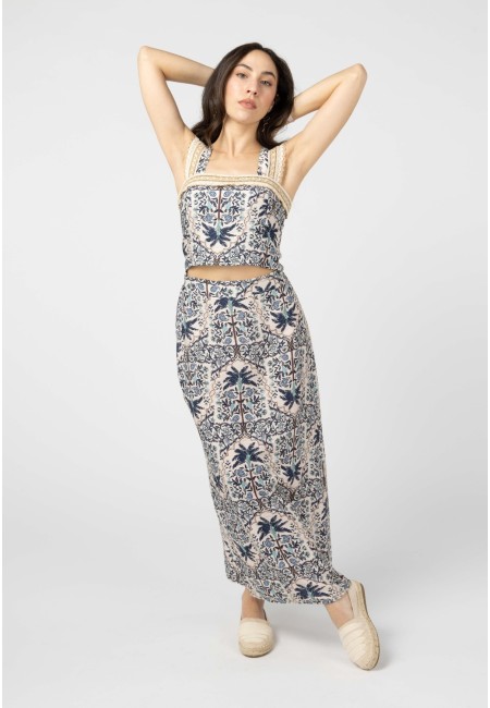 Conjunto azul de top y falda boho estampado étnico – Palmira