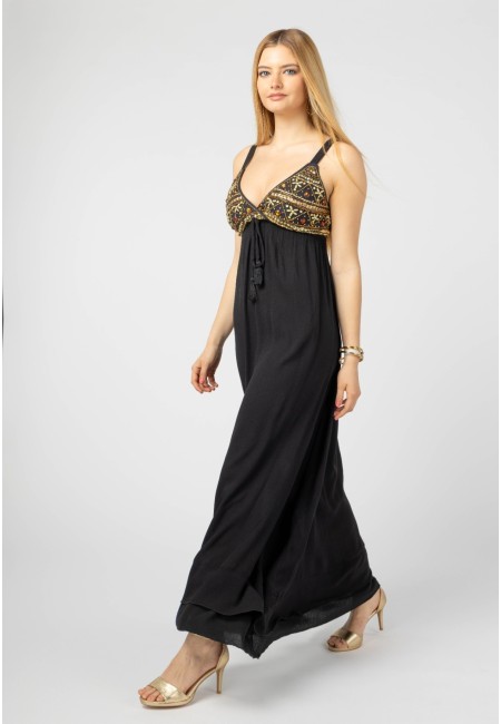 Vestido largo negro con bordados boho | Bluwer