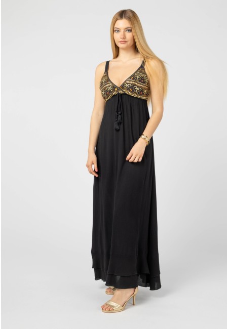 Vestido largo negro con bordados boho | Bluwer