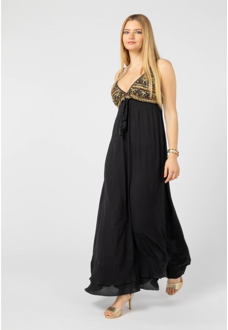 Vestido largo negro con bordados boho | Bluwer