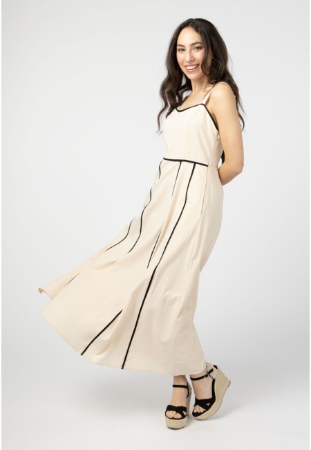 Vestido largo beige con ribetes negros | Bluwer
