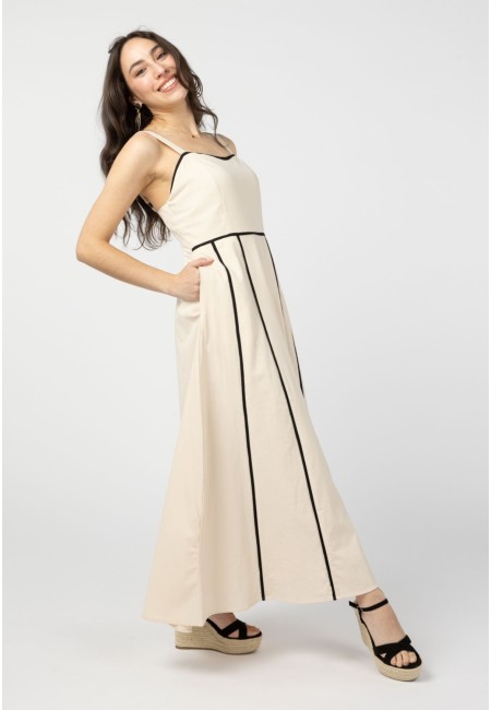 Vestido largo beige con ribetes negros – Sandy 2