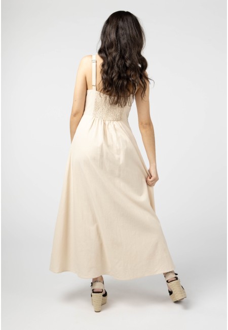 Vestido largo beige con ribetes negros | Bluwer