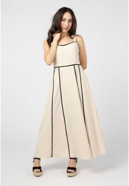 Vestido largo beige con ribetes negros – Sandy