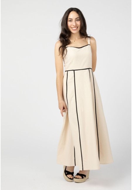 Vestido largo beige con ribetes negros | Bluwer