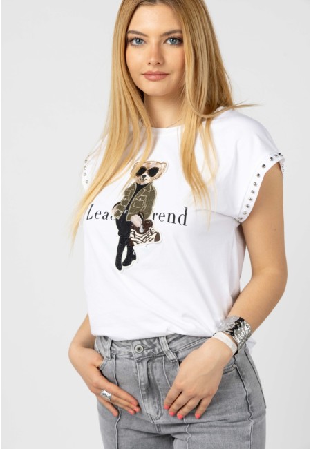Camiseta blanca con oso Teddy Cool y tachuelas | Bluwer