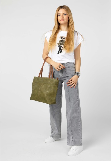 Bolso shopper grande verde oliva con asas marrones | Bluwer