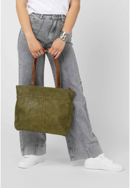 Bolso shopper grande verde oliva con asas marrones | Bluwer