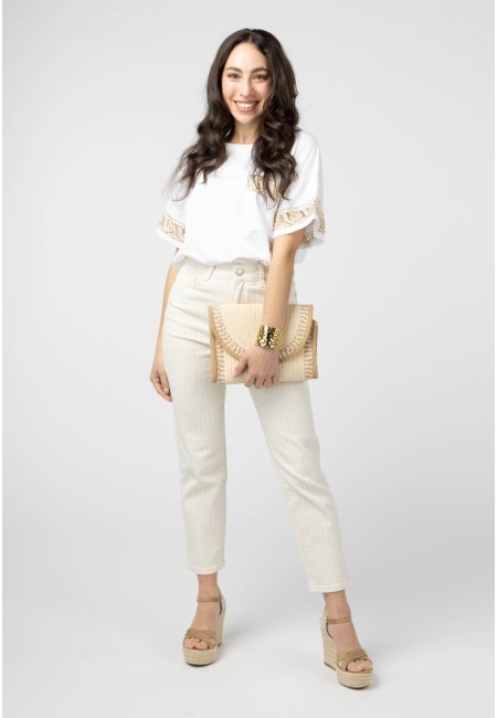 Camiseta blanca mujer con detalle étnico | Bluwer