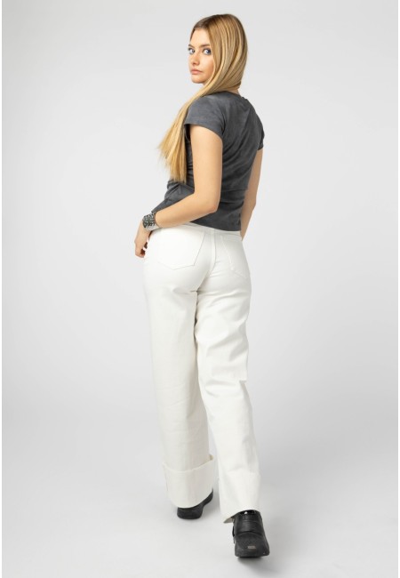 Pantalón vaquero blanco ancho con vuelta | Bluwer