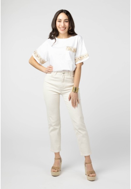 Pantalón recto beige de rayas finas para mujer | Bluwer 2