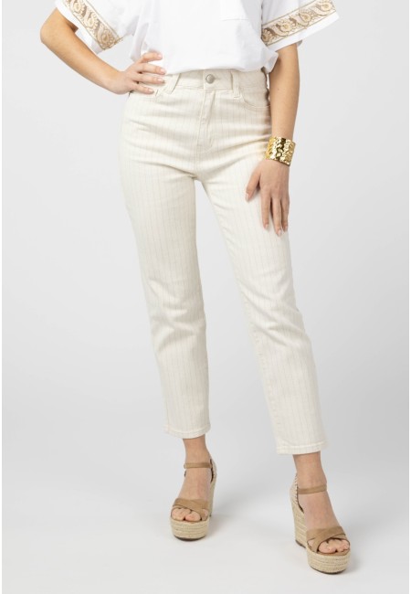 Pantalón recto beige de rayas finas para mujer | Bluwer