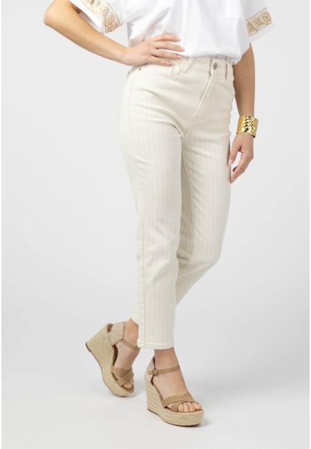Pantalón recto beige de rayas finas para mujer | Bluwer
