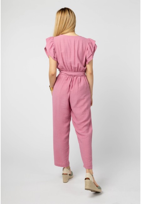Mono largo rosa mujer con volantes y cinturón – Jade | Bluwer