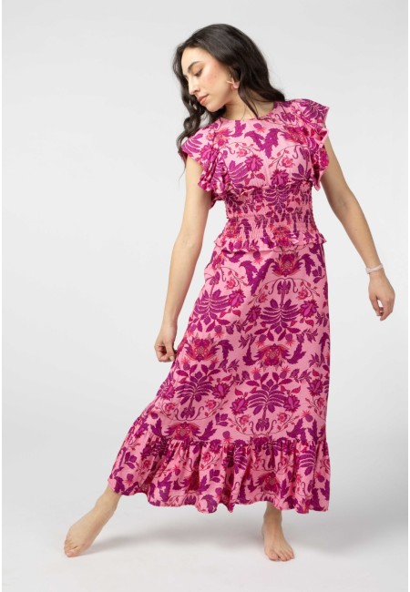 Vestido midi estampado rosa con nido de abeja – Palmira