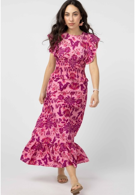Vestido midi estampado rosa con nido de abeja – Palmira