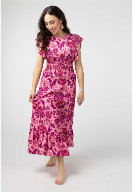 Vestido midi estampado rosa con nido de abeja – Palmira