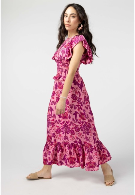 Vestido midi estampado rosa con nido de abeja – Palmira