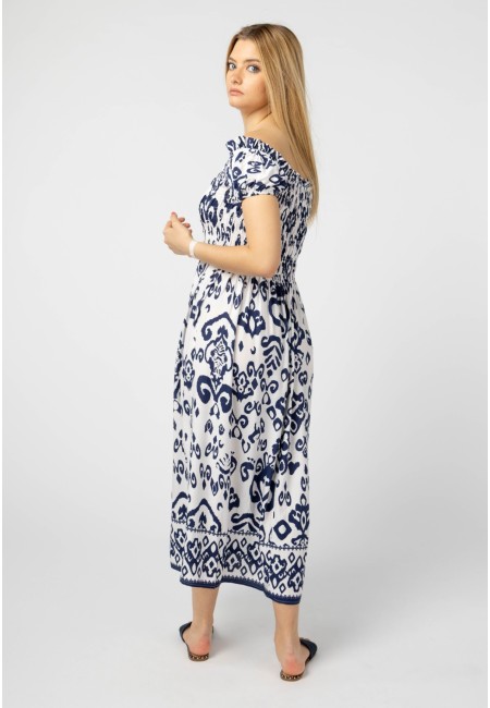 Vestido largo azul marino estampado étnico - Bluwer