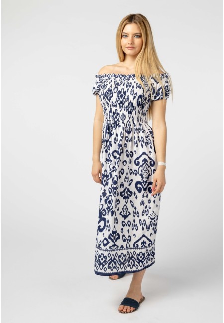 Vestido largo azul marino estampado étnico - Bluwer