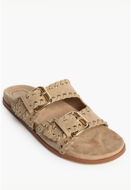 Sandalia plana con tiras anchas con hebillas camel 2