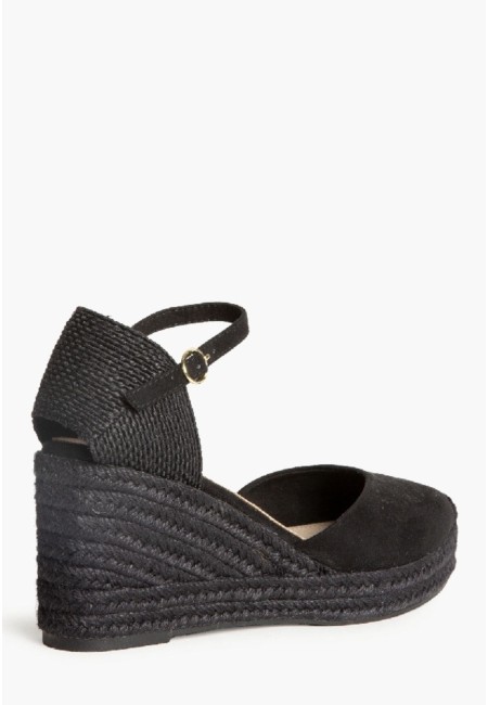 Alpargatas negras de cuña yute con pulsera negra