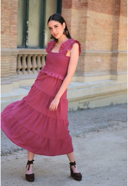 Vestido midi evasé color buganvilla con nido de abeja y volantes | Bluwer
