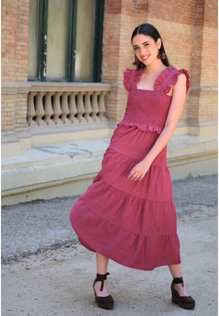 Vestido midi evasé color buganvilla con nido de abeja y volantes | Bluwer