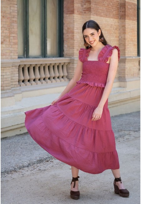 Vestido midi evasé color buganvilla con nido de abeja y volantes | Bluwer