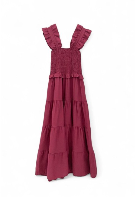 Vestido midi evasé color buganvilla con nido de abeja y volantes | Bluwer 2