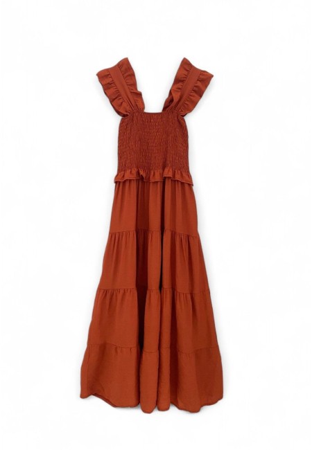 Vestido midi evasé color teja con nido de abeja y volantes | Bluwer