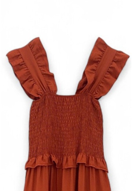 Vestido midi evasé color teja con nido de abeja y volantes | Bluwer