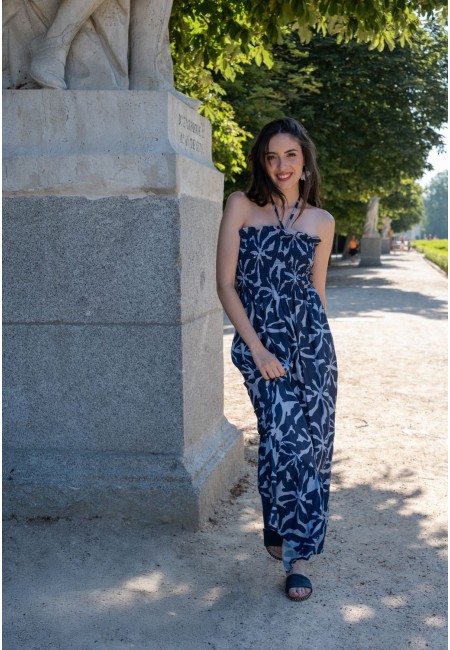 Vestido largo floral azul con escote halter | Bluwer