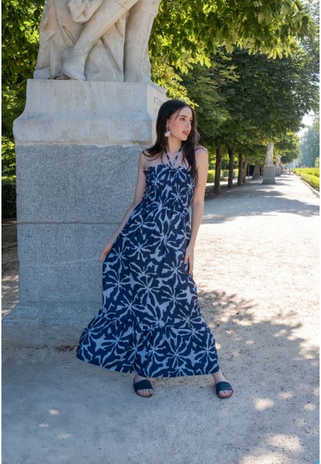 Vestido largo floral azul con escote halter | Bluwer