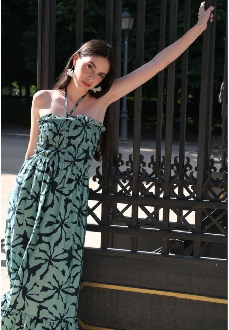 Vestido largo halter floral verde | Bluwer