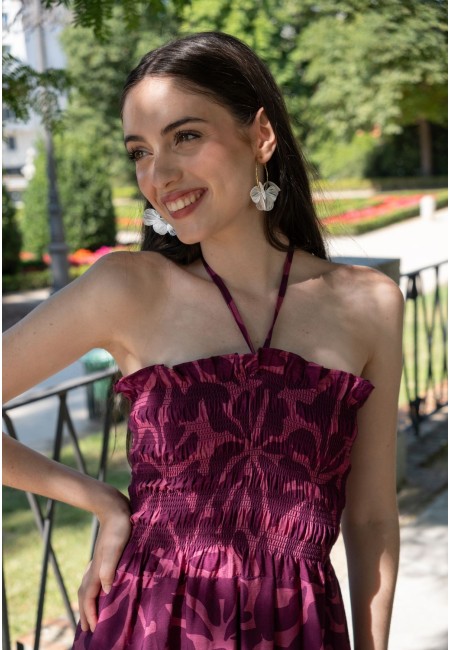 Vestido largo floral fucsia con escote halter | Bluwer