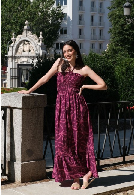 Vestido largo floral fucsia con escote halter | Bluwer