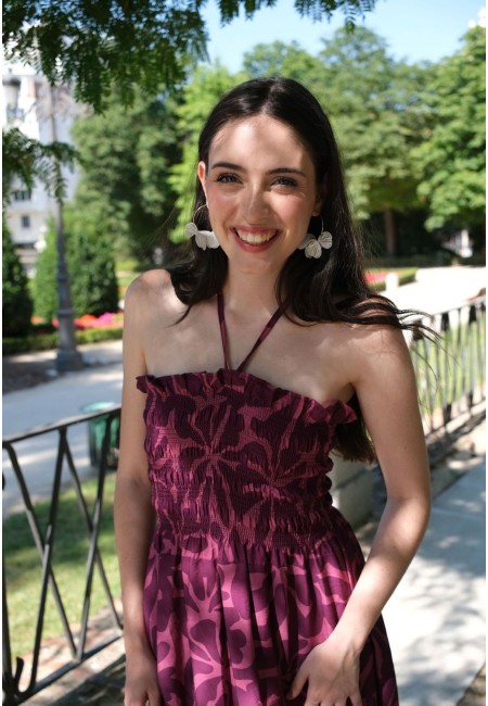 Vestido largo floral fucsia con escote halter | Bluwer