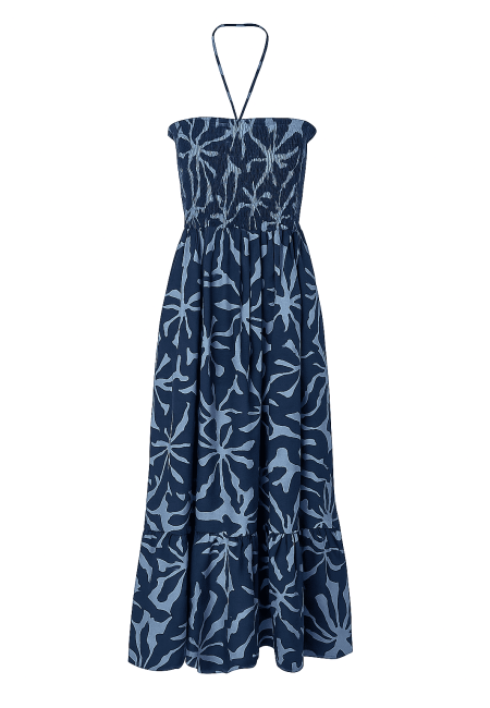 Vestido largo floral azul con escote halter | Bluwer