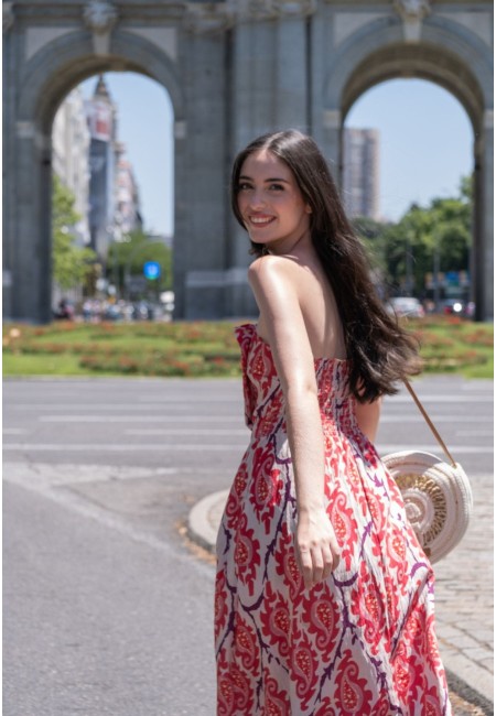 Vestido largo estampado rojo y morado | Bluwer