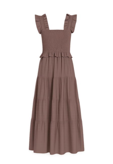 Vestido midi evasé chocolate con escote cuadrado | Bluwer