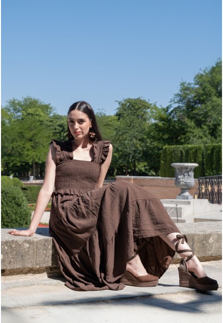 Vestido midi evasé color buganvilla con nido de abeja y volantes | Bluwer 2