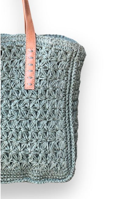 Bolso capazo azul de rafia con asas de piel | Bluwer