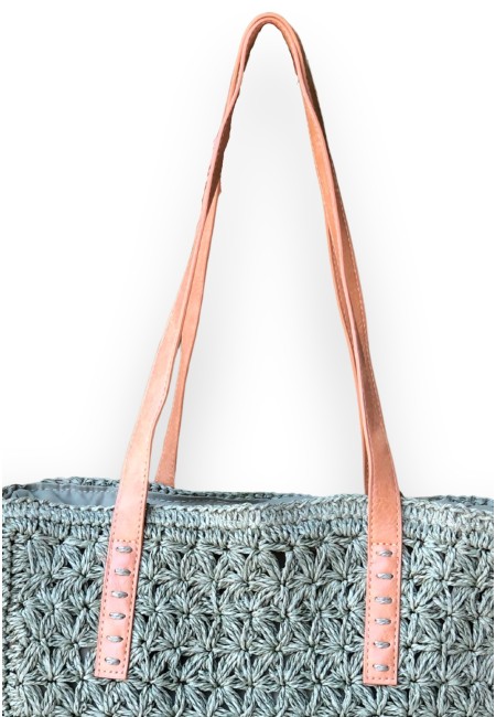 Bolso de rafia verde con asas de cuero vegano 2