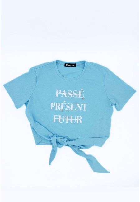 Camiseta azul con nudo y mensaje francés para mujer | Bluwer
