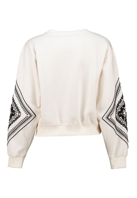 Sudadera blanca bordada mangas negras mujer | Bluwer