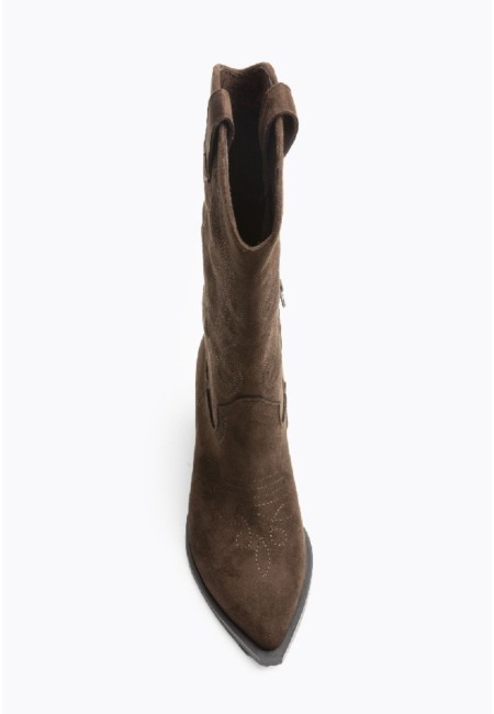 Botas cowboy chocolate mujer con bordados y tacón medio | Bluwer