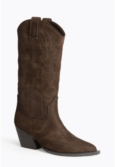 Botas cowboy chocolate mujer con bordados y tacón medio | Bluwer